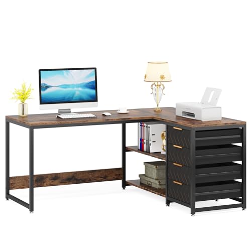 Tribesigns L Shaped Computer Desk with Storage Drawers, 59 inch Corner Desk with Shelves, Reversible L-Shaped Office Desk Study Writing Table Workstation for Home Office, Brown - WoodArtSupply