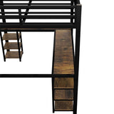 Sailret Full Metal Loft Bed with L-Shaped Desk and Shelves, Full Bed Frame with Ladder and Full-Length Guardrails, Space-Saving Bed for Bedroom, Black with Vintage Wood Desk Sailret