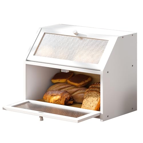 STDDRE Bread Box for Kitchen Countertop Bin Double Layer Bread Box Storage Container Extra Large Capacity Farmhouse Bread Box with Diamond Pattern Windows(Bamboo White)