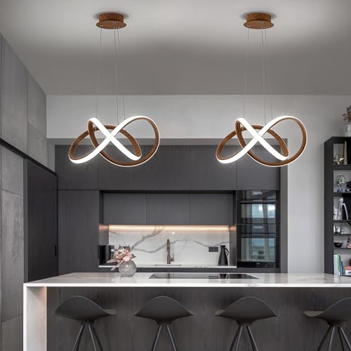 MAYNA Modern LED Chandelier, LED Pendant Light in Wood Finish, Adjustable Height Chandeliers with Irregular Ring, Modern Chandeliers for Dining Room Kitchen Island Living Room Bedroom, 6000K Daylight MAYNA