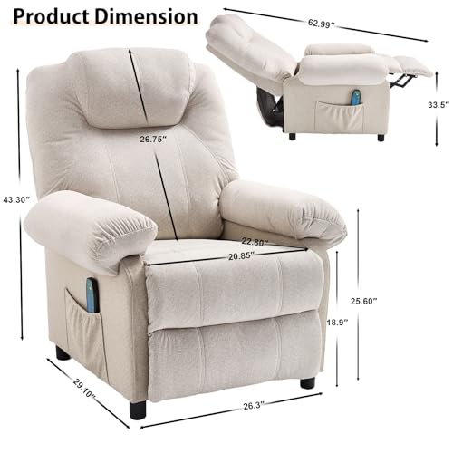 KCREAM Overstuffed Push Back Recliner Chair for Living Room, Mid Century Fabric Heated Massaging Reclining Chair Small Manual Recliner Chair with Heat and Massage, White