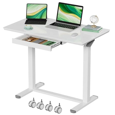 Gibbon Mounts Glass Standing Desk with Drawers,35inch Small Mobile Laptop Desk, Height Adjustable Rolling Sit Stand Desk, White Pneumatic Portable Computer Desk with Hidden Wheels or Lockable Casters Gibbon Mounts
