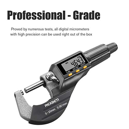 REXBETI Digital Micrometer, Professional Inch/Metric Measuring Tools 0.00005"/0.001 mm Resolution Thickness Gauge, Protective Case with Extra Battery REXBETI