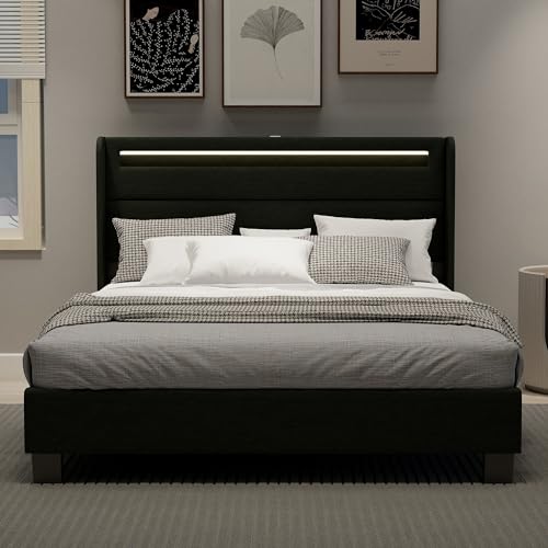 Queen Size Upholstered Bed Frame with LED Lights - alazyhome Black Platform Bed with Wooden Slats and Noise-Free Design - WoodArtSupply