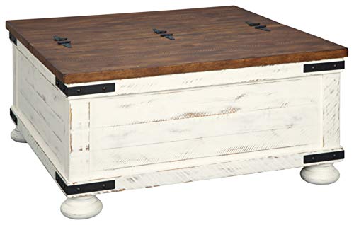 Signature Design by Ashley Wystfield Farmhouse Square Storage Coffee Table with Hinged Lift Top, Distressed White - WoodArtSupply