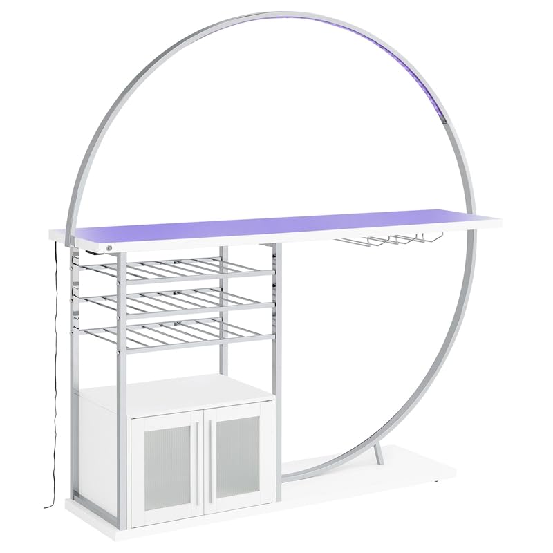 Pemberly Row Circular LED Wood Home Bar with Wine Storage White High Gloss Pemberly Row