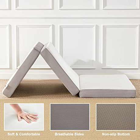 Lazyzizi Folding Mattress, 4 Inch Memory Foam Tri-fold with Breathable Bamboo Fiber Fabric Cover, Foldable Floor Mattress Guest Bed for Camping, Road Trip, Twin Lazyzizi