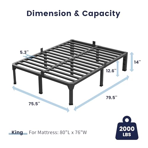 Superay King Bed Frame with Mattress Slide Stopper, 14 Inch Metal Platform Bed Frame, Heavy Duty Tall Bed Frame No Box Spring Needed with Large Storage Space, Easy Assembly, Noise Free Superay