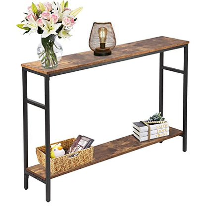 Timberer Rustic Brown Narrow Console Table with Adjustable Shelf - 47 Inch Multifunctional 2-Tier Hallway & Living Room Table