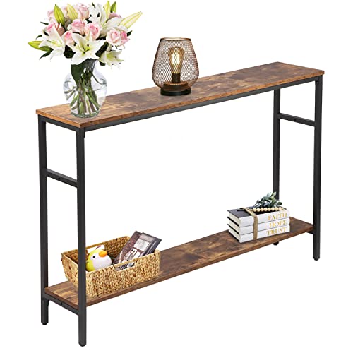 Timberer Rustic Brown Narrow Console Table with Adjustable Shelf - 47 Inch Multifunctional 2-Tier Hallway & Living Room Table - WoodArtSupply