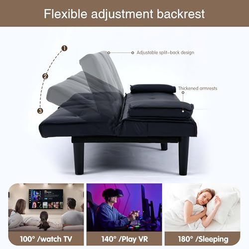 ODOLAR 67" Futon Sofa Bed,Convertible Sofa Bed with 2 Cup Holders,Sleeper Couch PVC Leather Removable Soft Armrest Small Couch for Living Room Apartments ﻿ (Black) ODOLAR