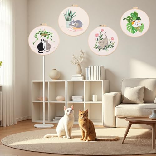 Mozzyyee 4pcs Cat Embroidery Kits for Beginners, DIY Adult Beginner Embroidery Sets with Instructions, 2 Plastic Embroidery Hoops,Scissor, Threads and Needles (Grey Cats)