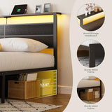 King Size Bed Frame with LED Lights and Charging Station, King Size Platform Bed with Metal Slats and Wood Headboard, No Box Spring Needed，Black Liians