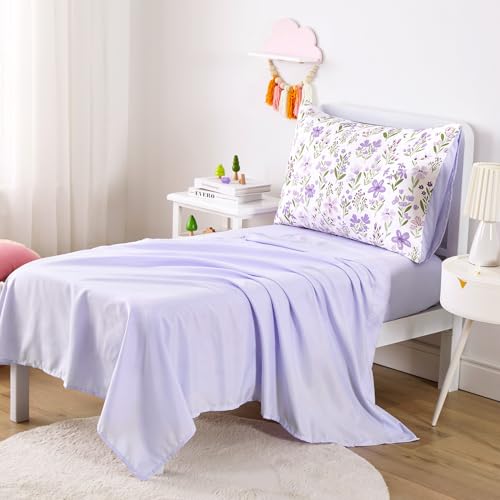 Wake In Cloud - Floral Toddler Bedding Set for Girls, Cute Colorful Botanical Flowers, 4 Pieces Soft Crib Bed Set Including Comforter, Sheets and Pillowcase, Purple White Wake In Cloud