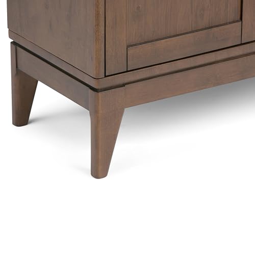 SIMPLIHOME Harper SOLID WOOD 30 inch Wide Mid Century Modern Low Storage Cabinet in Walnut Brown, with Large Space Behind 2 Sliding Notched Handle SIMPLIHOME