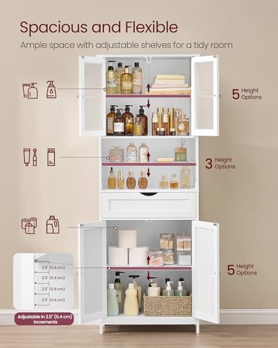 VASAGLE Storage Cabinet, Freestanding Storage Unit with Adjustable Shelves, Drawer, Open Compartments, for Bathroom, Living Room, Kitchen, Cloud White UBBC768WH01S VASAGLE