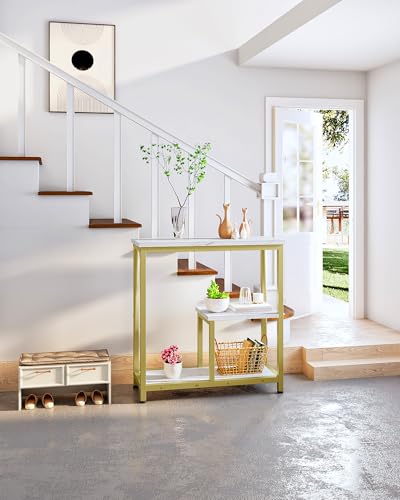 CHOEZON Modern Console Sofa Table 3-Tier Hallway Table Open Storage, Marble Veined Table Top, Metal Frame, for Entryway, Foyer, Marble White and Gold TXG03DJ CHOEZON