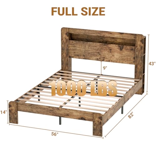 Zevemomo Full Size Bed Frame with LED Lights & Charging Station - Rustic Brown Zevemomo