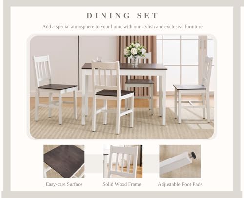 chairus Dining Table Set for 4 Farmhouse Dining Table and Chairs Set Wooden Rectangle Dinette Set of 5 for Small Space Kitchen Dining Room Living Room, Brown/White chairus