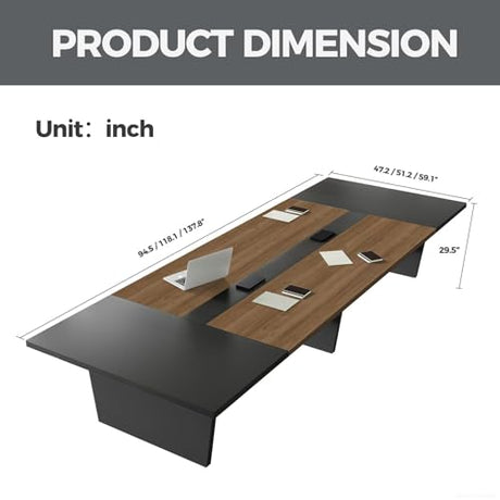 Nuipesn 118 Inch Rectangular Conference Table, 10FT Meeting Table for 10-12, Built-in Power Outlets & USB Charging Ports, Cable Management Box, 2 Inch Thick Top, Walnut/Grey Nuipesn