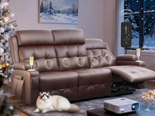 Futon Sofa Bed, 3-Seater Reclining Futon Home Theater Seating Couch with Flip Middle Backrest, RV Wall Hugger Sleeper Sofa Bed with Pockets, Dawer & Cup Holders, 150° Recline for RV & Living Room Tiooii
