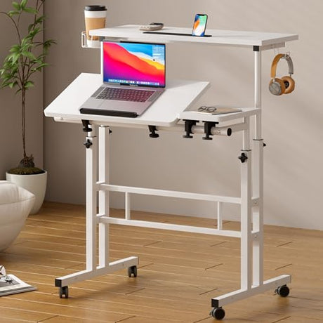 SogesHome 31.5 inch Mobile Standing Desk Adjustable Computer Desk Rolling Laptop Cart Portable Laptop Stand on Wheels Home Office Workstation with Cup Holder,Headphone Holder, Upgrade White SogesHome