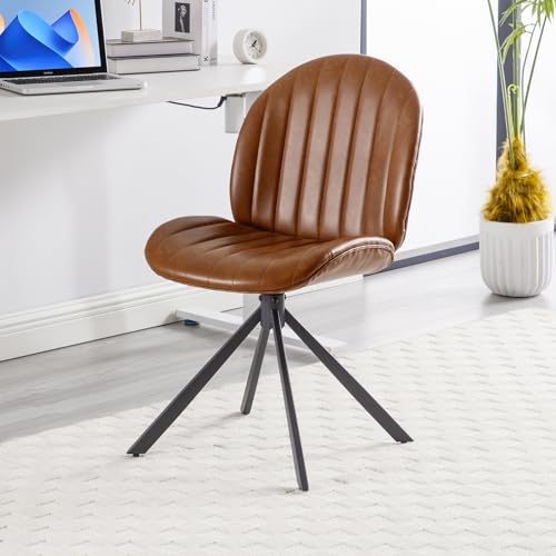 Relbiety 19" Faux Leather Swivel Office Chair No Wheels, Upholstered Armless Modern Desk Task Criss Cross Chair Legged No Wheels and No Arms, Swivel Vanity Chairs for Bedroom Office, Brown Relbiety