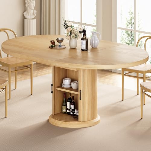 Jocoevol 47″–63″ Extendable Round Dining Table for 4–8 with Dust-Proof 2-Tier Storage Shelf Space-Saving Expandable Dining Room Table Wood Oval Circle Dining Table with Pedestal Base (Natural) Jocoevol