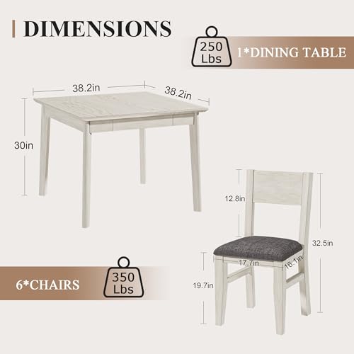 VECELO 5-Piece Square Dining Table Set for 4, 38.2'' Solid Wood Kitchen Table with 4 Upholstered Chairs & 2 Drawers for Dining Room, Kitchen, Small Space, Washed Gray VECELO