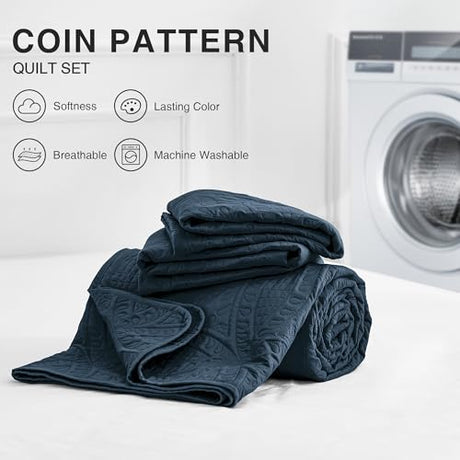 Love's cabin Quilts for Queen Bed Navy Blue Bedspreads - Soft Bed Summer Lightweight Bedspread Comforter - Modern Style Coin Pattern Coverlet for All Season - 3 Pieces (1 Quilt, 2 Pillow Shams) Love's cabin