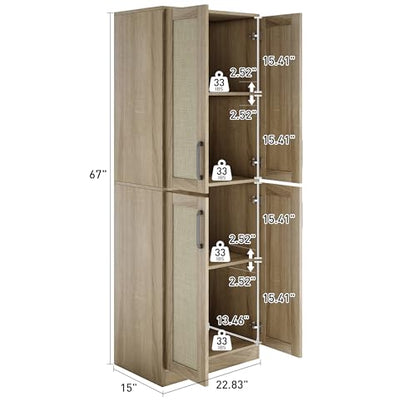 Jheumaj Storage Cabinet - Kitchen Pantry Cabinet, Tall Bathroom Storage Cabinet Freestanding with 4 Rattan Doors and Adjustable Shelves, Cupboard Cabinet for Dining Living Room Laundry Room, Wood