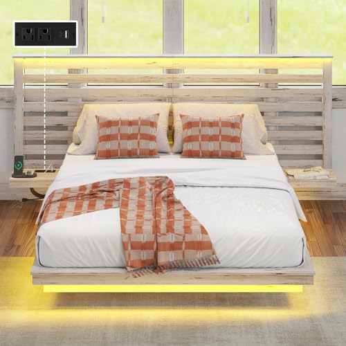 YUMPIE Farmhouse Queen Floating Bed Frame with Nightstands, Platform Bed with LED Light & Type-C & USB Charging Station, No Box Spring Needed/Noise Free, Distressed White