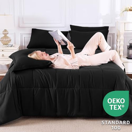CozyLux Full Size Comforter Sets Black - 7 Pieces Bed in a Bag Full, Oeko-Tex Certified Bed Set, All Season Soft Bedding Set with Down Alternative Comforter, Sheets, Pillowcases & Pillow Shams CozyLux