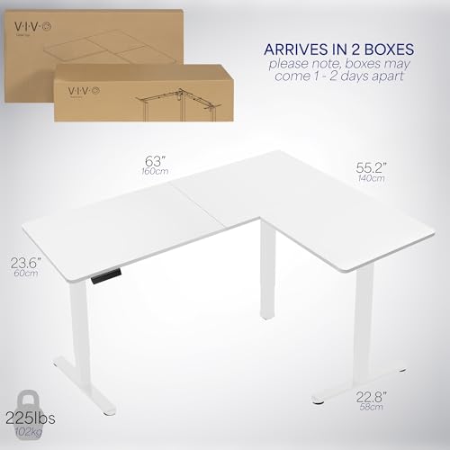 VIVO Corner Standing Desk, 63 x 55 inch Reversible L-Shaped Workstation, Electric Height Adjustment, Home, Office, and Reception Rooms, White Table Top White Frame, DESK-E3CTW VIVO