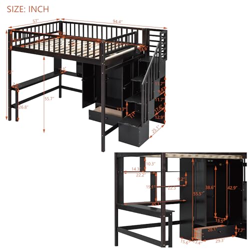 SOFTSEA Espresso Full Size Loft Bed with Desk, Wardrobe, and Storage Steps for Kids - WoodArtSupply