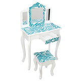 Ynredee Kids Vanity Set,Vanity Table and Chair with Three-Fold Mirror,Single-Drawing Curved Foot Children Dressing Table with Drawer (Blue and White) Ynredee