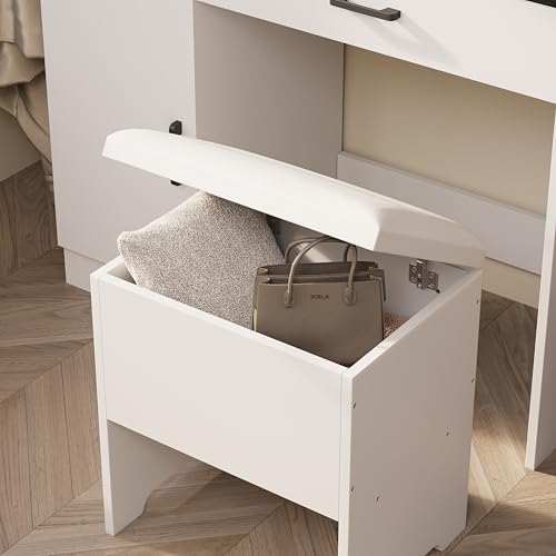 Esmlada Farmhouse Makeup Vanity Desk with Mirror and Lights, Vanity Desk Table Set with Storage Bench, Power Outlet, for Bedroom, Black Esmlada