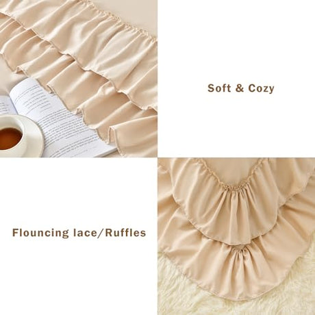 Cupocupa Beige Full Comforter Set, 3Pcs Ruffle Farmhouse Bedding Sets with Comforter & Pillowcases, Soft Shabby Chic Lightweight Fluffy Comforter Set for All Season Bedroom Decor (Beige, F) Cupocupa