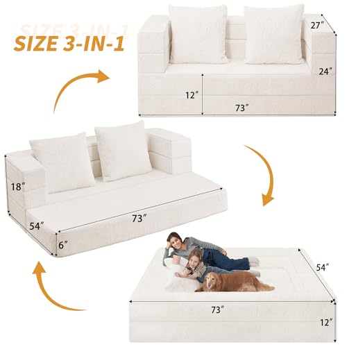 Cansunna Futon Sofa Bed with Pillow, 3-in-1 Sleeper Sofa Bed with Removable Cover, Convertible Floor Sofa Bed, No Assembly Boneless Couch for Living Room, Bedroom Cansunna