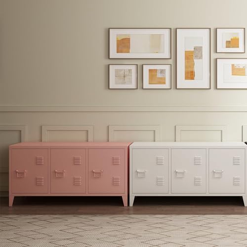 MIOCASA Metal Cabinet with Doors and Shelf,Industrial Steel Storage Cabinet TV Stand, 2 Tier Low Locker TV Cabinet for Home and Office White Size: 44.49W×15.75D×22.83H MIOCASA