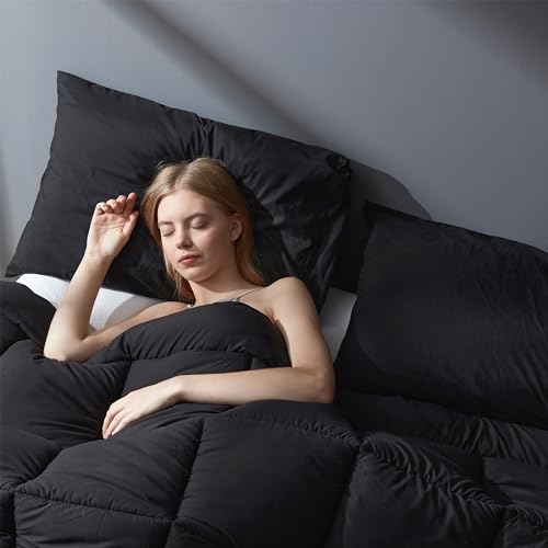 DOWNCOOL Full Size Comforter Sets -All Season Bedding Comforters with 2 Pillow Cases -3 Pieces Bed Set Down Alternative Comforter -Black Bedding Sets (82"x86") DOWNCOOL