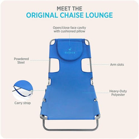Ostrich the Original Chaise 72 x 22 Inch Lounge Portable Reclining Lounger, Outdoor Patio, Beach, Lawn, Camping, or Pool Tanning Chair, Ocean Blue Ostrich