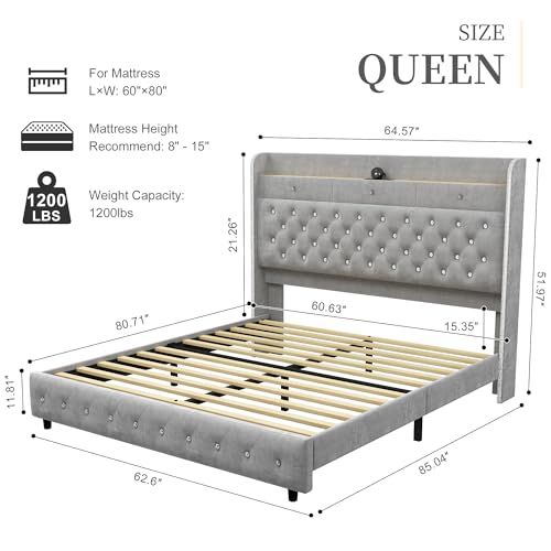 Queen Led Bed Frame with Galaxy Aurora Star Projector, Queen Platform Bed with Charging Station, 52" Upholstered Hidden Storage Headboard with Wingback, Noise Free, No Box Spring Needed, Velvet Gray SIBEDS
