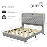Queen Led Bed Frame with Galaxy Aurora Star Projector, Queen Platform Bed with Charging Station, 52" Upholstered Hidden Storage Headboard with Wingback, Noise Free, No Box Spring Needed, Velvet Gray SIBEDS