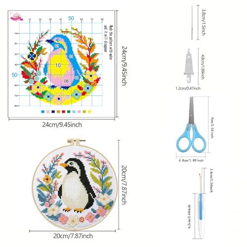 Zhenqing 4-Piece Animal Cross Stitch Kit for Beginners - Complete Set with Pre-Printed 11CT 24x24cm Fabric, Hoop & Tools (Penguin, Sloth, Cow, Deer Designs)(70405)