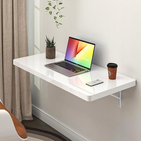 Clikuutory Wall Mounted High Gloss Folding Table, Wall Desk Fold Down for Small Spaces, Folding Workbench for Laundry Room, Home Office, Kitchen, Bedroom, Home Bar, White (31.5"×15.7") Clikuutory