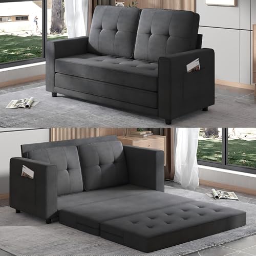 Mjkone Futon Floor Pull Out Sofa Bed, Folding Loveseat Sleeper with Tri-Fold Pullout Beds, 55" Width 2-in-1 Multi-Function Fold Out Gaming Sleeper Sofas Couch for Living Room Home Office, Dark Grey Mjkone
