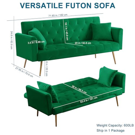 71.65'' Convertible Sofa Bed Modern Futon Set, Velvet Foldable Reclining Loveseat, Three Adjustment Angles,Mid Century Modern Couches for Living Room/Bedroom/Apartment, Easy Assembly,Green Meqiodas