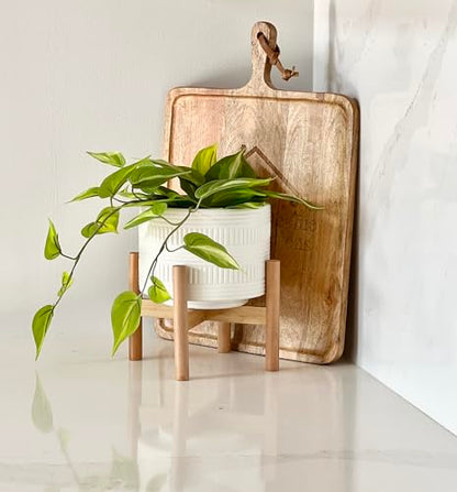 Kurrajong Farmhouse White Plant Pot with Stand | 7.25" Ceramic Planter Pot with Wood Stand for Indoors | Bamboo Plant Stand with Pot. Plant not Included | White Planter Pot is 7.25" Wide x 5.75" high