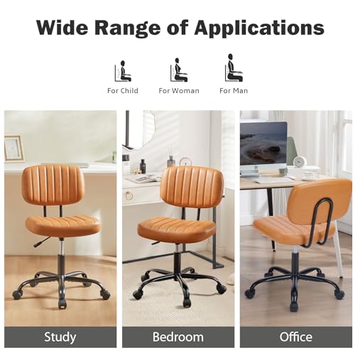 DUMOS Small Armless Home Desk Chair with Low Back Lumbar Support, Height Adjustable PU Leather Computer Task with 360° Swivel Wheels, for Small Space, Kids and Adults, Brown DUMOS